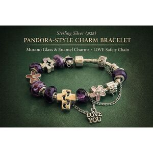 Sterling Silver Charm Bracelet Murano Glass LOVE Safety Chain
